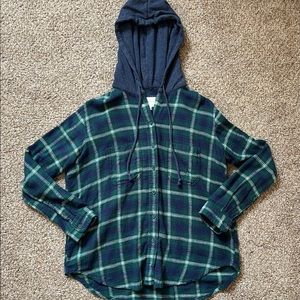 American Eagle Hooded Flannel Women's Small, Blue/Green Plaid